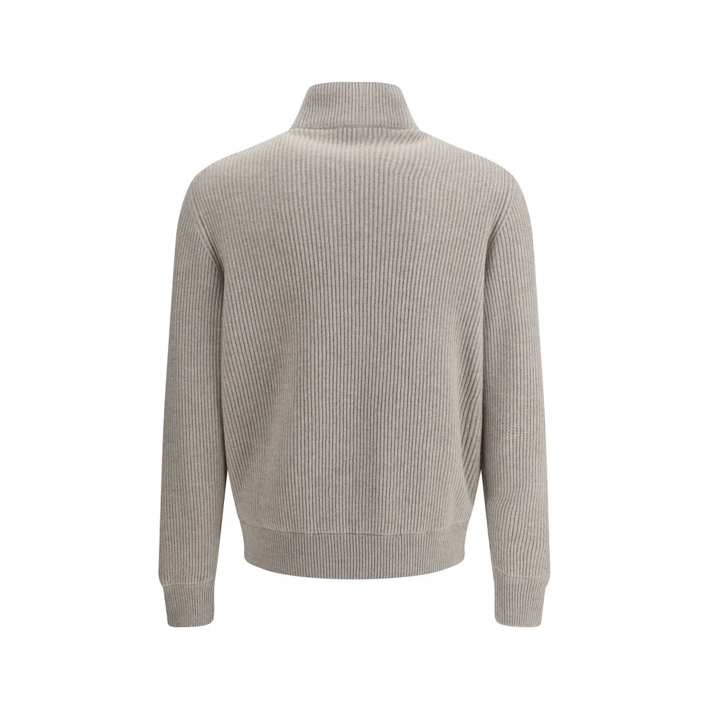 Back view of Brunello Cucinelli Gray Leather Jacket with knit sleeves and high neck design showcasing elegant craftsmanship.