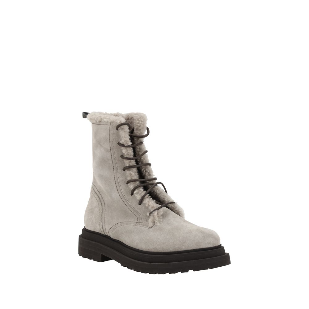 Brunello Cucinelli Gray Rubber Lace-Up Boots with fur-lined interior and suede design for warmth and luxury.