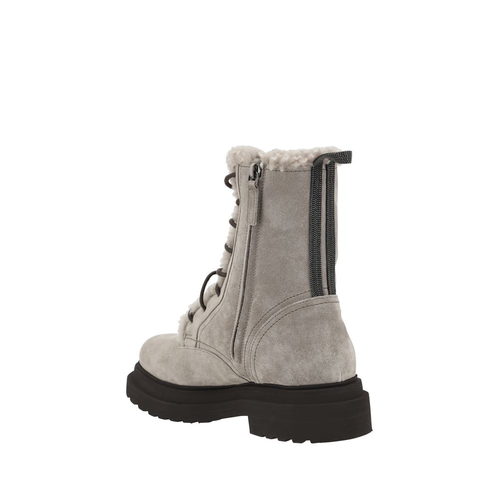 Brunello Cucinelli Gray Rubber Lace-Up Boots with fur-lined interior and block heel, side view on white background.