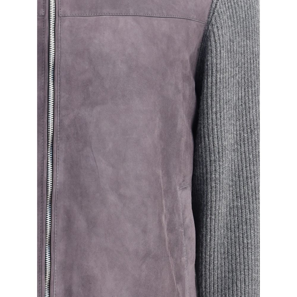 Brunello Cucinelli Gray Wool Jackets And Coat with suede yoke and ribbed knit sleeves, featuring a double-slider front zipper closure.