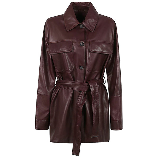 Brunello Cucinelli Jackets Bordeaux - leather jacket with long sleeves, button fastening, pointed collar, and waist belt.