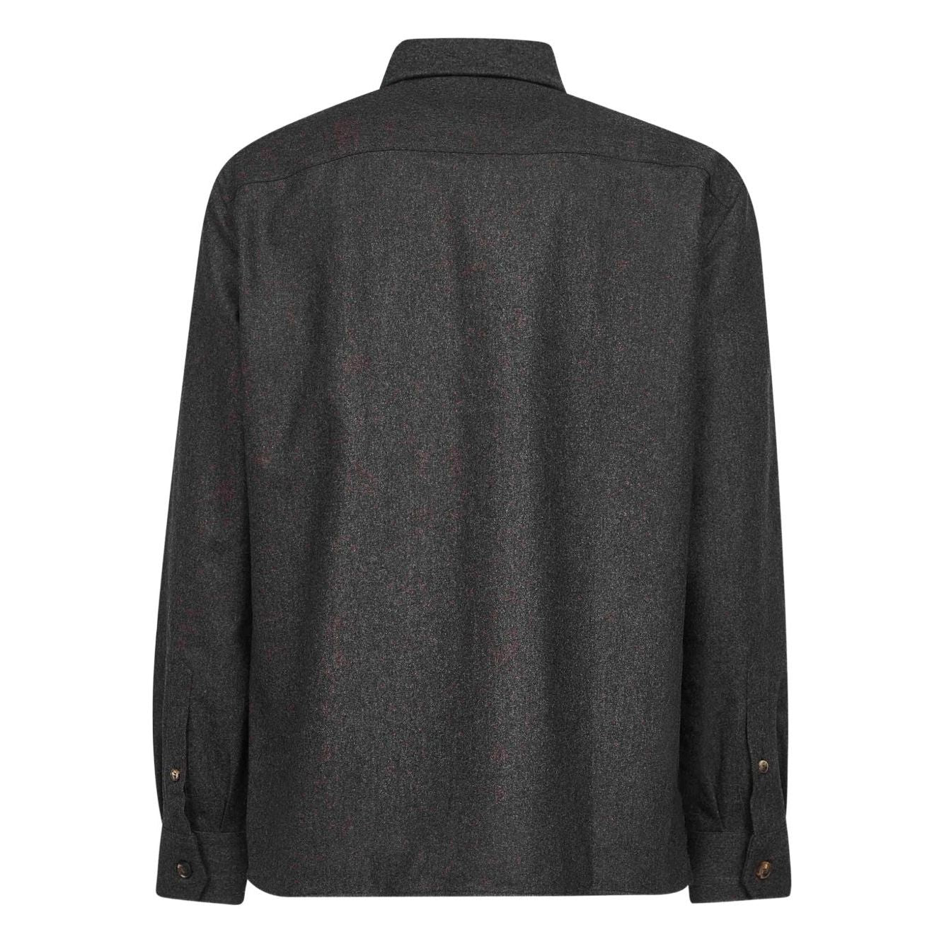 Back view of Brunello Cucinelli Long-sleeve flannel overshirt in brown with buttoned cuffs and polo collar.