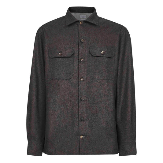 Brunello Cucinelli Long-sleeve flannel overshirt, brown wool with buttoned cuffs, polo collar, and chest pockets.