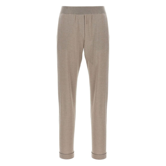 Taupe grey Brunello Cucinelli Lurex-detail trousers with elasticised waistband and cuffed hems in wool and silk.