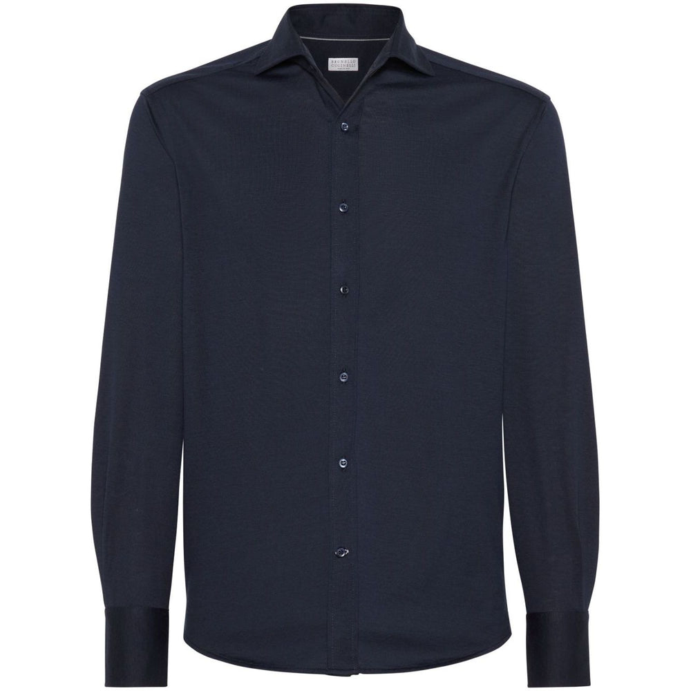 Brunello Cucinelli Shirts Blue with long sleeves, button fastening, buttoned cuffs, straight hem, silk and cotton blend.