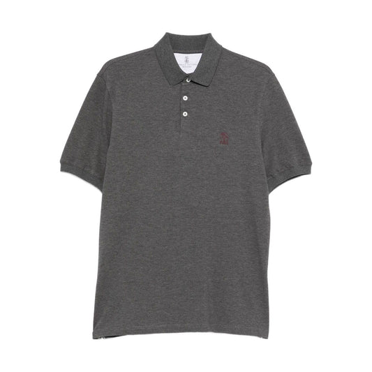 Brunello Cucinelli Short-sleeve polo shirt in grey with polo collar and button fastening, featuring embroidered logo on cotton material.
