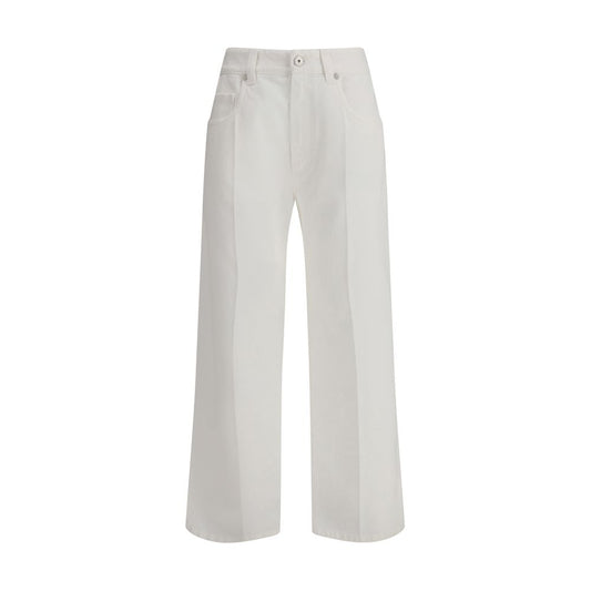 Brunello Cucinelli White Cotton Straight-Leg Jeans with five-pocket design and leather patch.