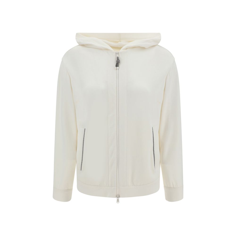 Brunello Cucinelli White Silk Sweatshirt with jewel appliqué pockets and zipper closure, offering casual elegance and versatility.