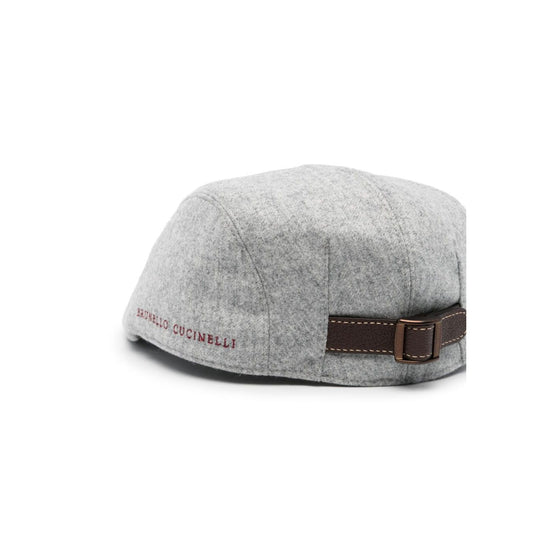 Heather grey Brunello Cucinelli Wool hat with embroidered logo, adjustable leather strap, and flat peak.