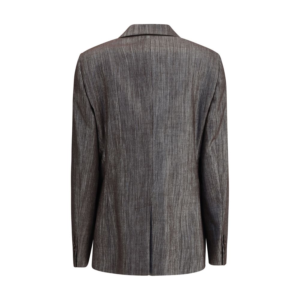 Back view of Brunello Cucinelli Yellow Polyester Blazer with classic lapels and back slit.