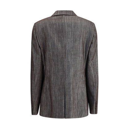 Back view of Brunello Cucinelli Yellow Polyester Blazer with classic lapels and back slit.