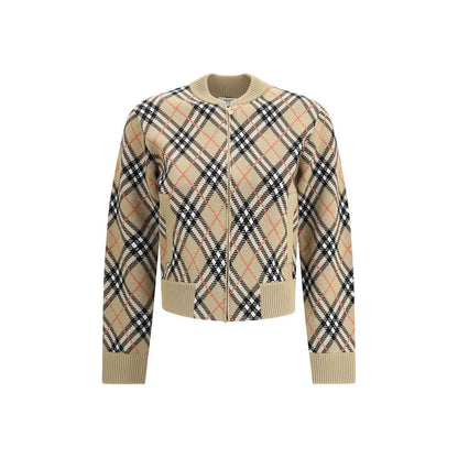 Burberry Beige Wool Cardigan with check pattern, front zipper, and ribbed cuffs. Ideal for casual or everyday wear with stylish design.