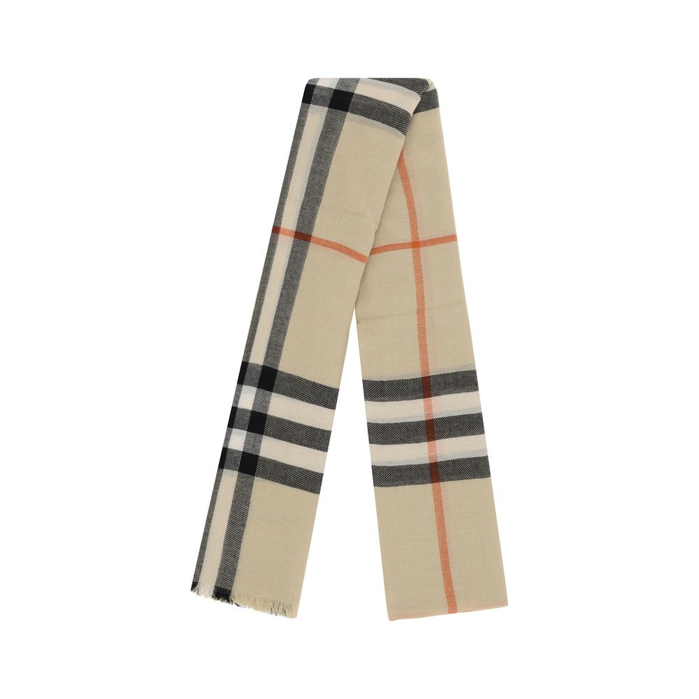 Burberry Beige Wool Scarf with Archivio Check pattern, frayed hems, 200x200 cm, 100% wool, elegant accessory for warmth and style.