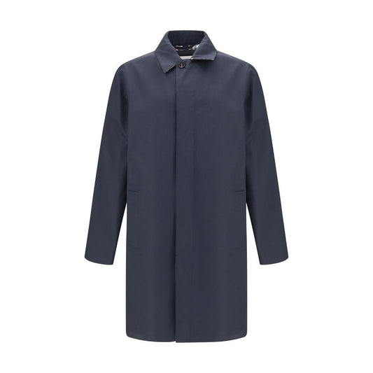 Burberry Blue Cotton Coat, mid-length, shower-resistant gabardine with button closure and classic Burberry Check lining, heritage style.
