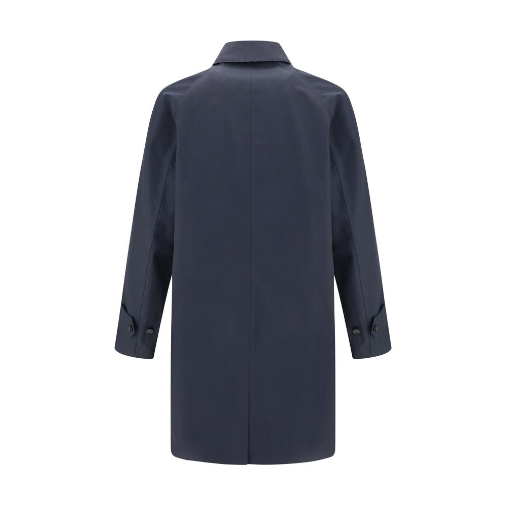 Back view of Burberry Blue Cotton Coat with button-tab cuffs, showcasing shower-resistant cotton gabardine fabric.