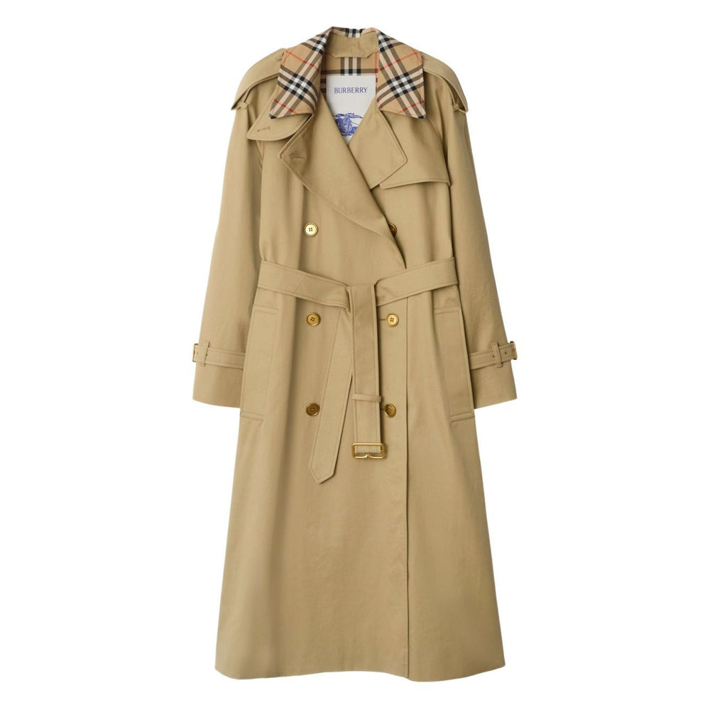 Burberry Castleford Medium Trench Coat with Check Collar, archive beige, double-breasted, with buttons, pockets, and notched lapels.
