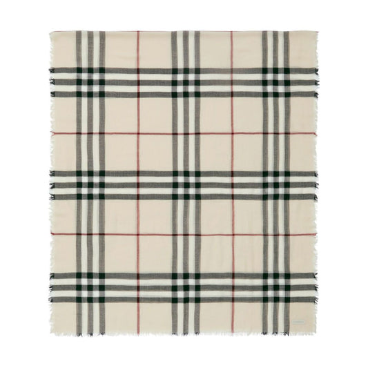 Burberry Check wool scarf with beige house check pattern, raw-cut edge and logo tag. Long length, 200cm by 90cm, Giant Check design.
