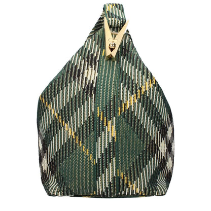 Burberry Green Fabric Handbag with zip closure, medium size, and check print, featuring gold and ivy color details.