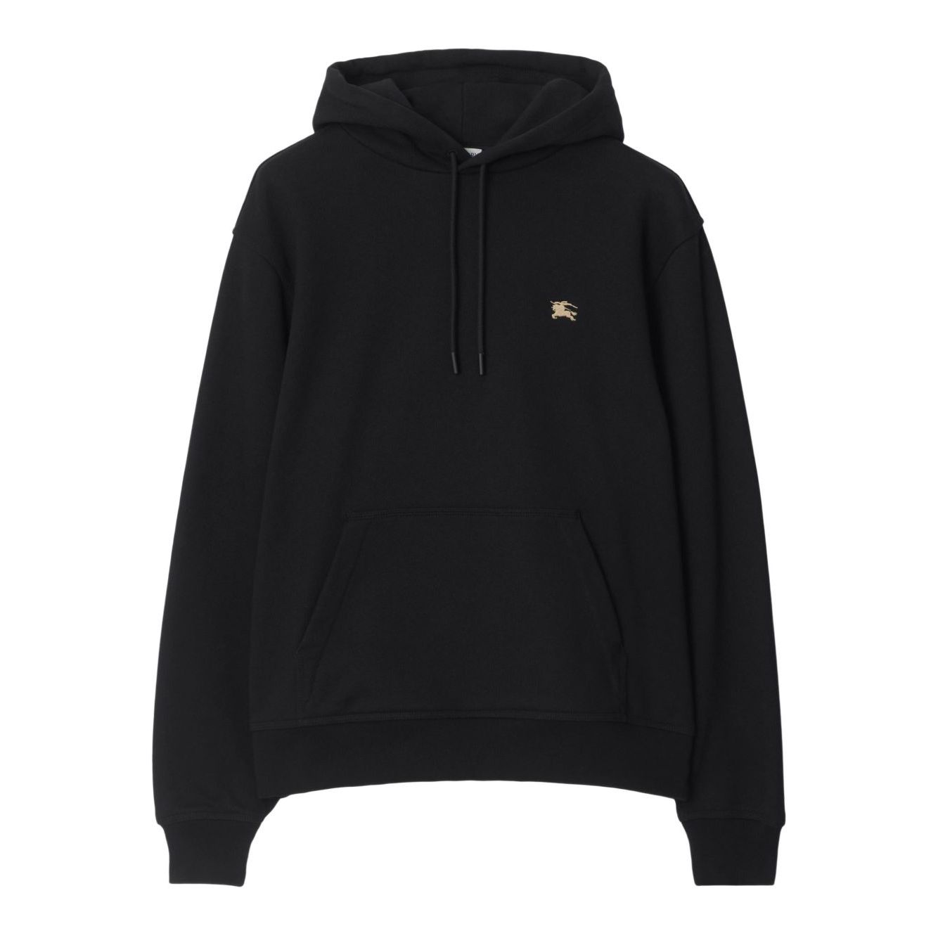 Alt Tag: Burberry Knight Stamp Cotton Hoodie in black with EKD logo, drawstring hood, front pouch pocket, and long sleeves.
