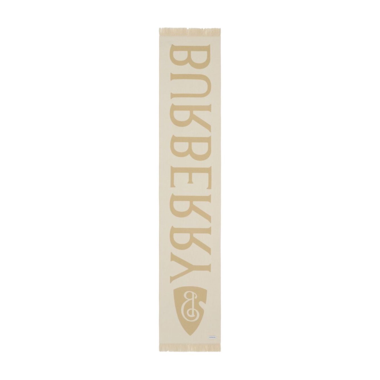Burberry Logo wool scarf in archive beige with wraparound style, frayed edges, and mini logo tag. Rectangle shape wool scarf.