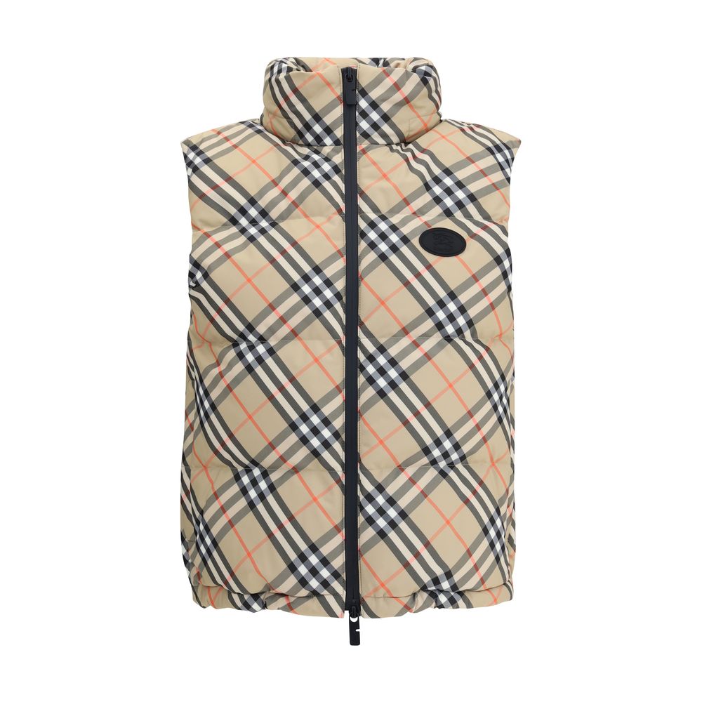 Burberry Multicolor Polyester Sleveless Jacket with iconic check pattern and Equestrian Knight Design on chest, featuring zipper closure.