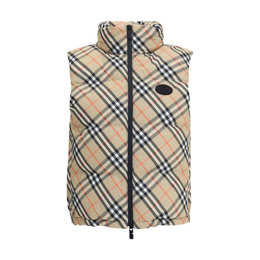 Burberry Multicolor Polyester Sleveless Jacket with iconic check pattern and Equestrian Knight Design on chest, featuring zipper closure.