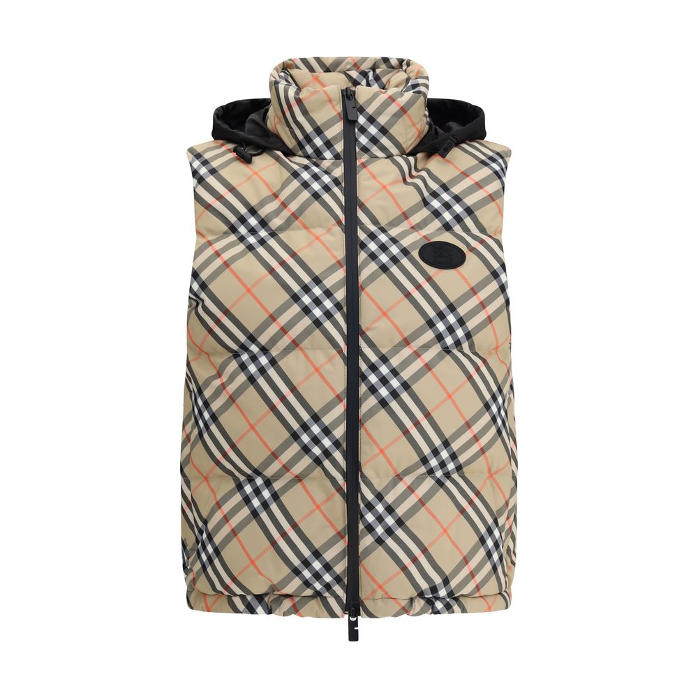 Burberry Multicolor Polyester Sleveless Jacket with check pattern and Equestrian Knight applique, water-repellent and down filled.