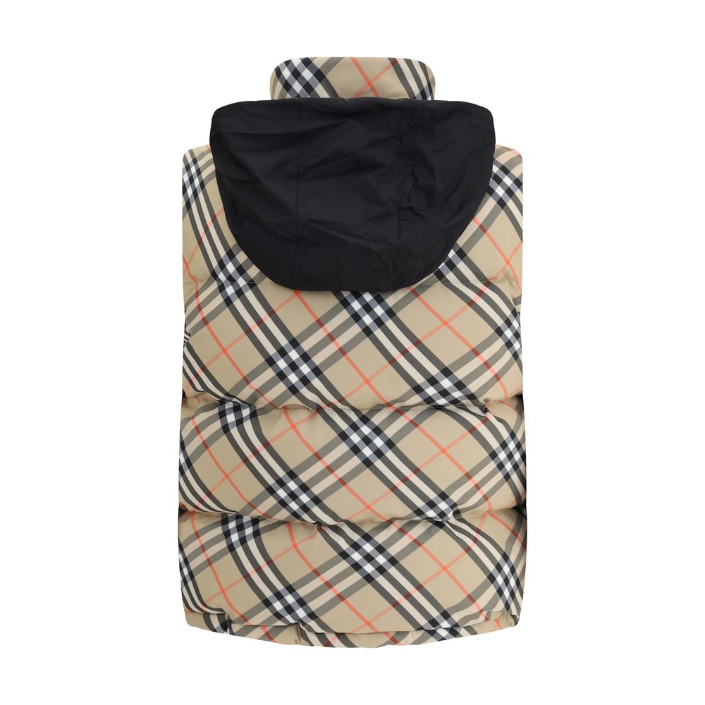Burberry Multicolor Polyester Sleveless Jacket with iconic Burberry Check pattern, packaway hood, and water-repellent fabric.