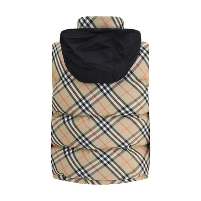 Burberry Multicolor Polyester Sleveless Jacket with iconic Burberry Check pattern, packaway hood, and water-repellent fabric.
