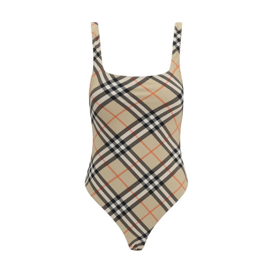 Burberry One piece Swimsuit with Archivio Check pattern, straight neckline, thin straps, AW25 collection, slim fit, made in Portugal.