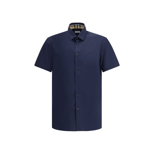 Burberry Short Sleeve Shirt with Equestrian Knight logo and classic collar in navy blue, front button closure, perfect for AW25 season.