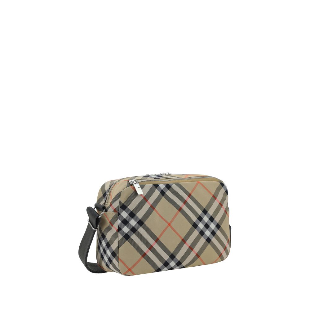 Burberry Shoulder Bag with Check pattern, zippered top closure, removable strap, and brand logo. Made in Romania for AW25 season.