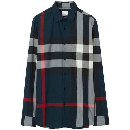 Burberry Summerton Shirt with black multicolour check pattern, classic collar, front button fastening, long sleeves, and curved hem
