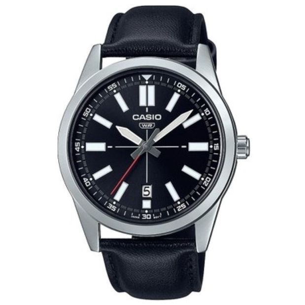 CASIO COLLECTION Mod. CASUAL DATE - LEATHER. BLACK wristwatch with stainless steel case and leather strap, on black background.
