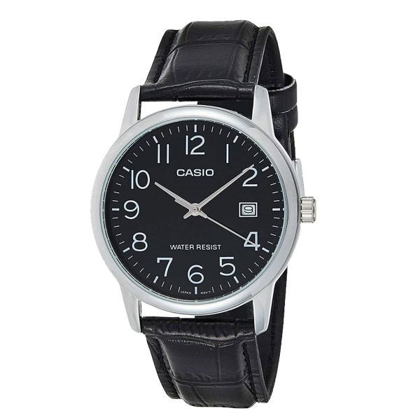 CASIO COLLECTION Mod. DATE. LEATHER - BLACK wristwatch with black dial, metal case, quartz movement, and leather strap in official box.