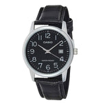 CASIO COLLECTION Mod. DATE. LEATHER - BLACK wristwatch with black dial, metal case, quartz movement, and leather strap in official box.