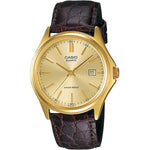 Alt Tag: CASIO COLLECTION Mod. DATE LEATHER - GOLD wristwatch with gold IP case, leather strap, and quartz movement, displaying 3 ATM water resistance.