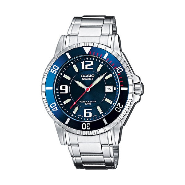 CASIO COLLECTION Mod. DIVER 200m NEOBRITE - BLUE wristwatch, 20 ATM water resistant, stainless steel case and strap, quartz movement.