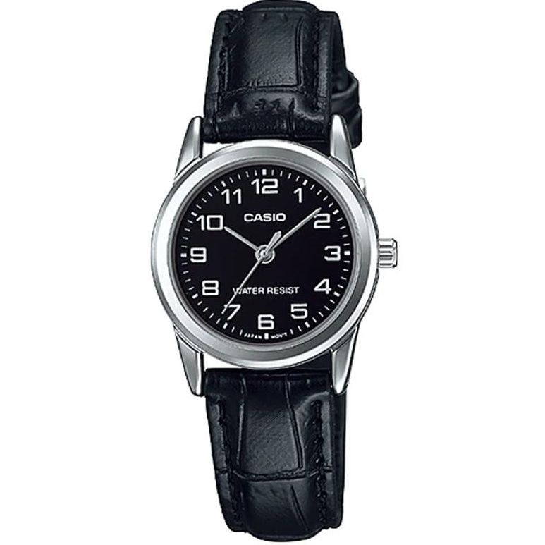 CASIO COLLECTION Mod. LADY 3H. LEATHER - BLACK wristwatch with stainless steel case, black leather strap, quartz movement, and mineral dial.