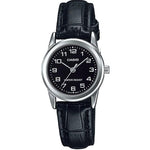 CASIO COLLECTION Mod. LADY 3H. LEATHER - BLACK wristwatch with stainless steel case, black leather strap, quartz movement, and mineral dial.