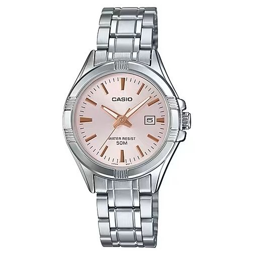 CASIO COLLECTION Mod. LADY DATE - ANTIQUE PINK wristwatch with metal strap and 31mm case, featuring water resistance and quartz movement.