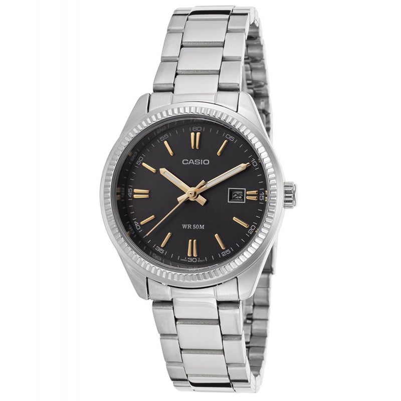 CASIO COLLECTION Mod. LADY DATE - BLACK. GOLD INDEXES wristwatch with metal strap, 5 ATM water resistance, in official packaging.