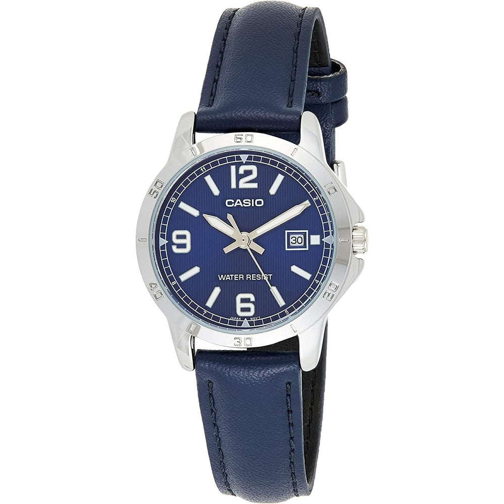 CASIO COLLECTION Mod. LADY DATE. LEATHER - BLUE wristwatch with metal case, 35mm size, leather strap, quartz movement, water resistant 3 ATM