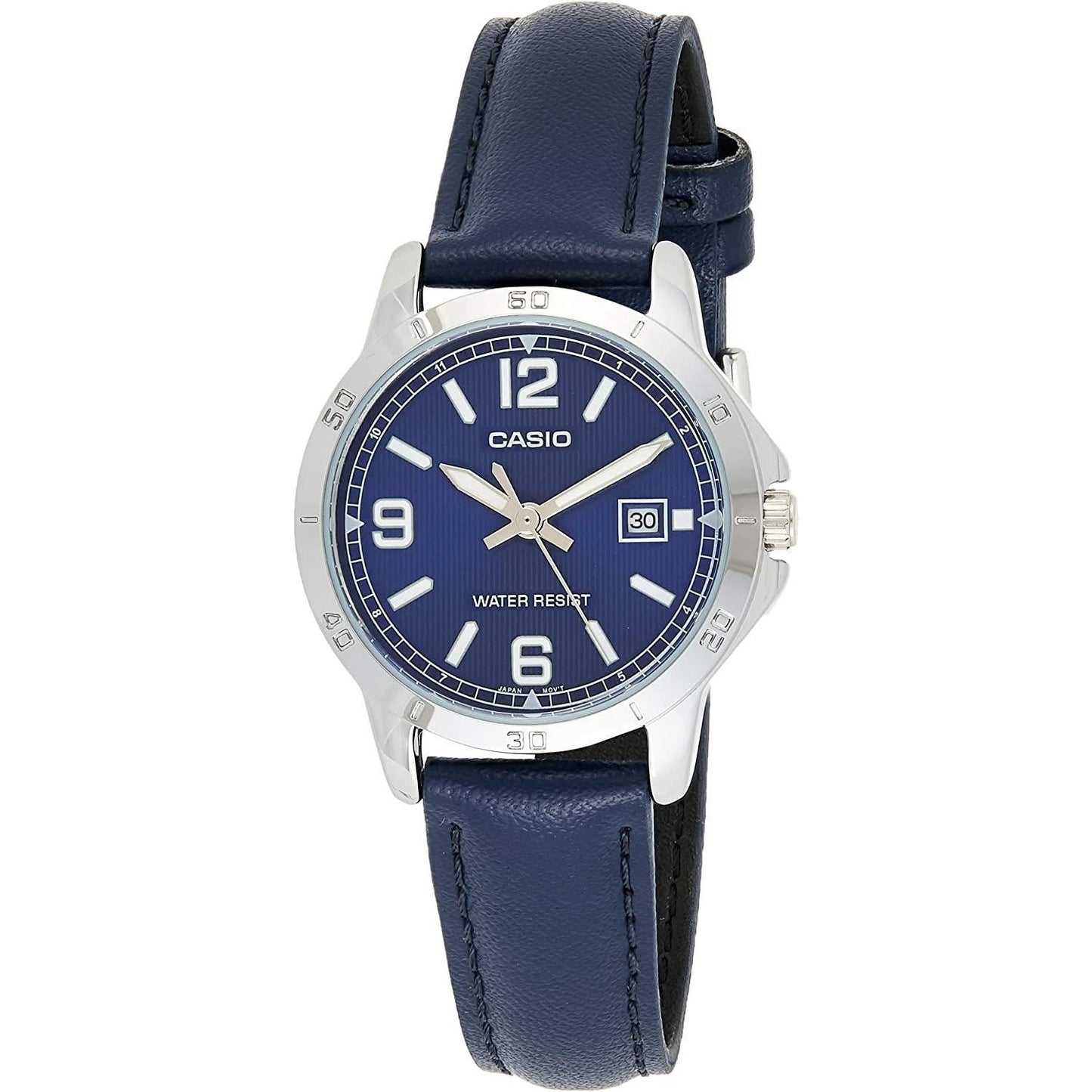 CASIO COLLECTION Mod. LADY DATE. LEATHER - BLUE wristwatch with metal case, 35mm size, leather strap, quartz movement, water resistant 3 ATM