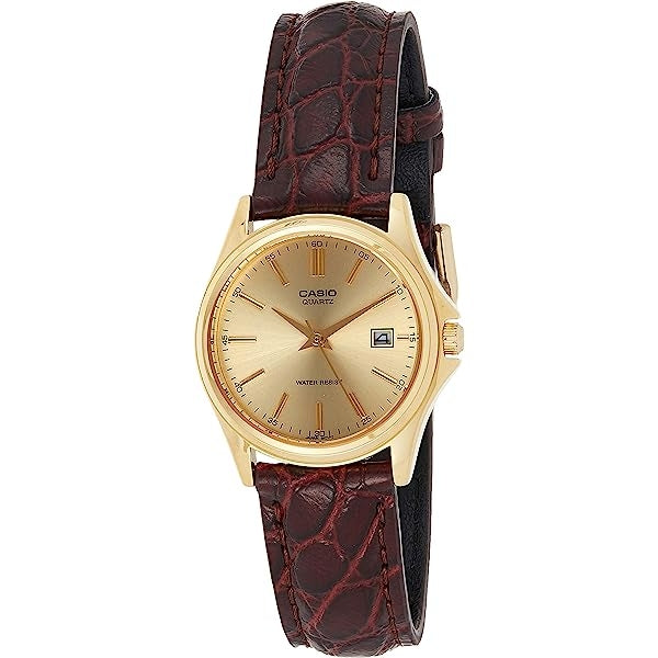 CASIO COLLECTION Mod. LADY DATE LEATHER - GOLD wristwatch with leather strap, quartz movement, and gold IP SS case, 29mm, water resistant 5 ATM.