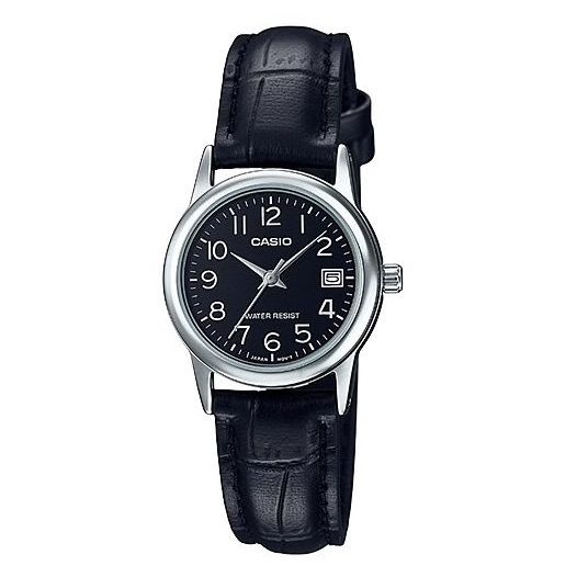 CASIO COLLECTION Mod. LADY DATE SILVER. LEATHER - BLACK wristwatch with 25mm stainless steel case and black leather strap, water resistant.