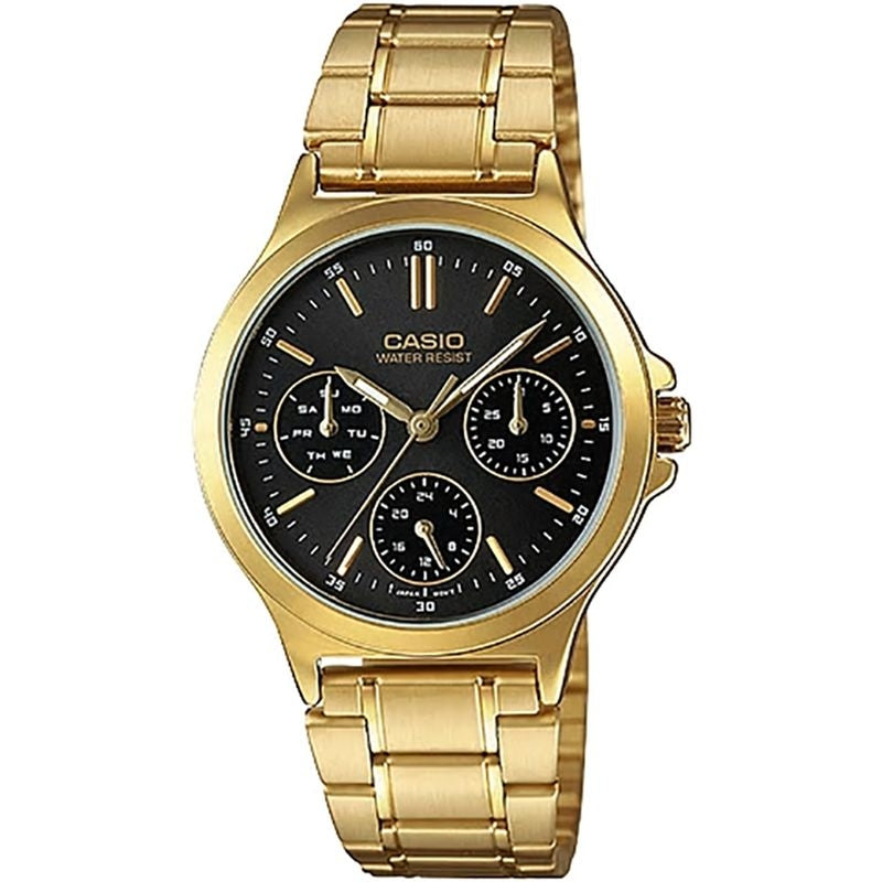 CASIO COLLECTION Mod. LADY MULTIFUNCTION - GOLD wristwatch with gold stainless steel strap and multifunction black dial.