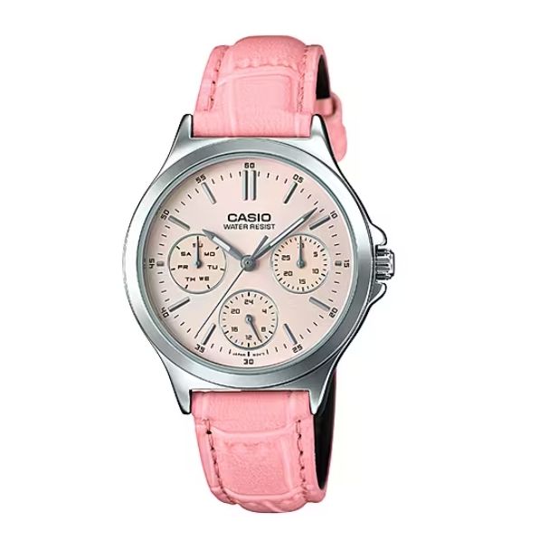 Alt Tag: CASIO COLLECTION Mod. LADY MULTIFUNCTION. LEATHER - PINK. Women's wristwatch with pink leather strap and stainless steel case.
