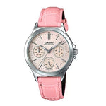 Alt Tag: CASIO COLLECTION Mod. LADY MULTIFUNCTION. LEATHER - PINK. Women's wristwatch with pink leather strap and stainless steel case.
