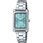 Alt Tag: CASIO COLLECTION Mod. TANK - LIGHT BLUE women's wristwatch with metal strap, quartz movement, and 3 ATM water resistance.